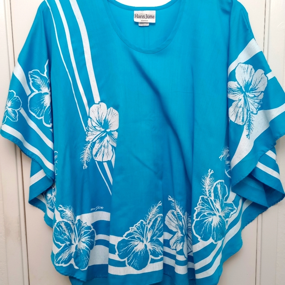 Vtg HANS JUTTE HAWAII Blue Hibiscus Women's One Size Muumuu Poncho Top